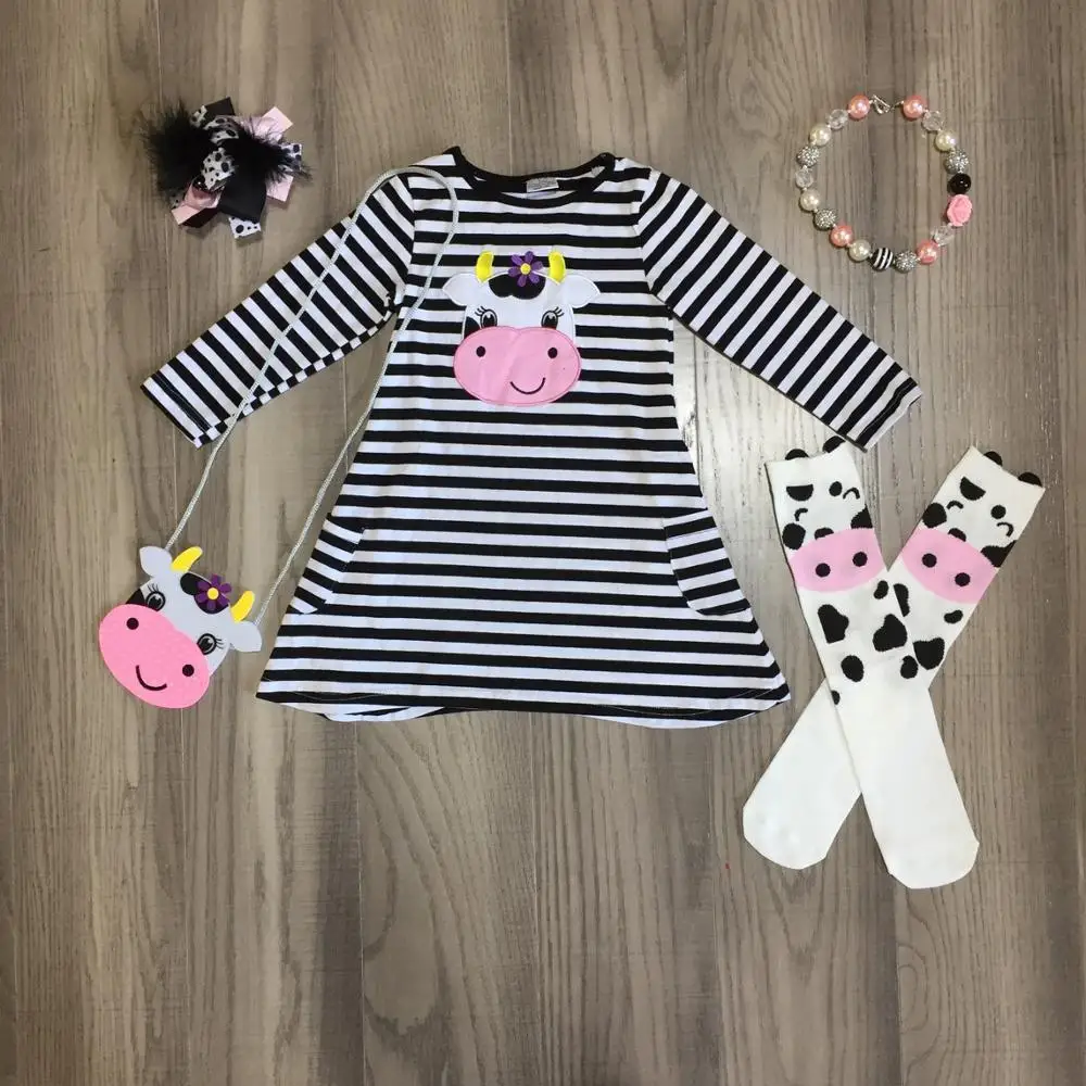 

spring/winter baby girls outfits dress black stripe cow cotton milk silk clothes knee length match socks bow necklace and purse