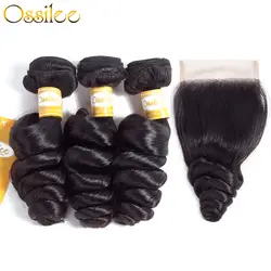 Ossilee свободные волнистые в наборе с закрытием Малазийские Волосы 3/4 пучков с закрытием Remy человеческие волосы пучки с закрытием