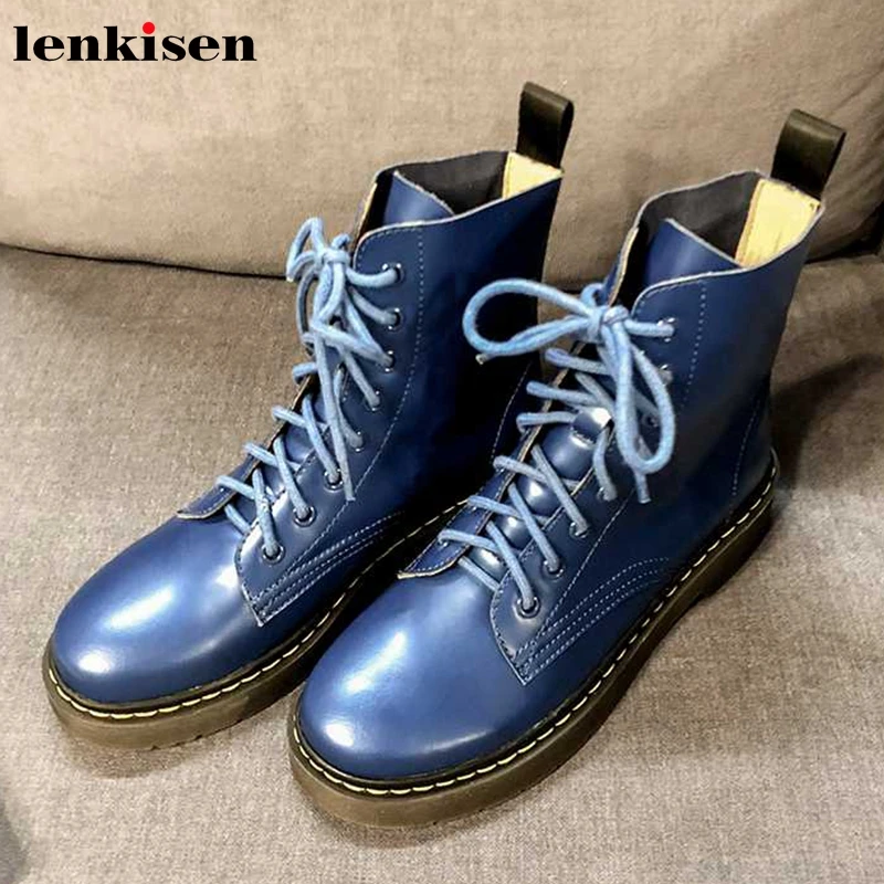 

Lenkisen high quality brand genuine leather lace up round toe med heels fashion campus warm basic winter women ankle boots L25