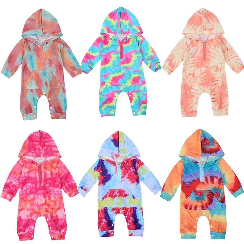 

Newborn Baby Tie dye Hooded Romper Zipper Closure with Pocket Ribbed Closing Spring Clothing One-Pieces Suits 0-24M