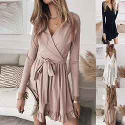 Vestido de manga larga con volantes y cuello en V, color liso, para mujer, 2022