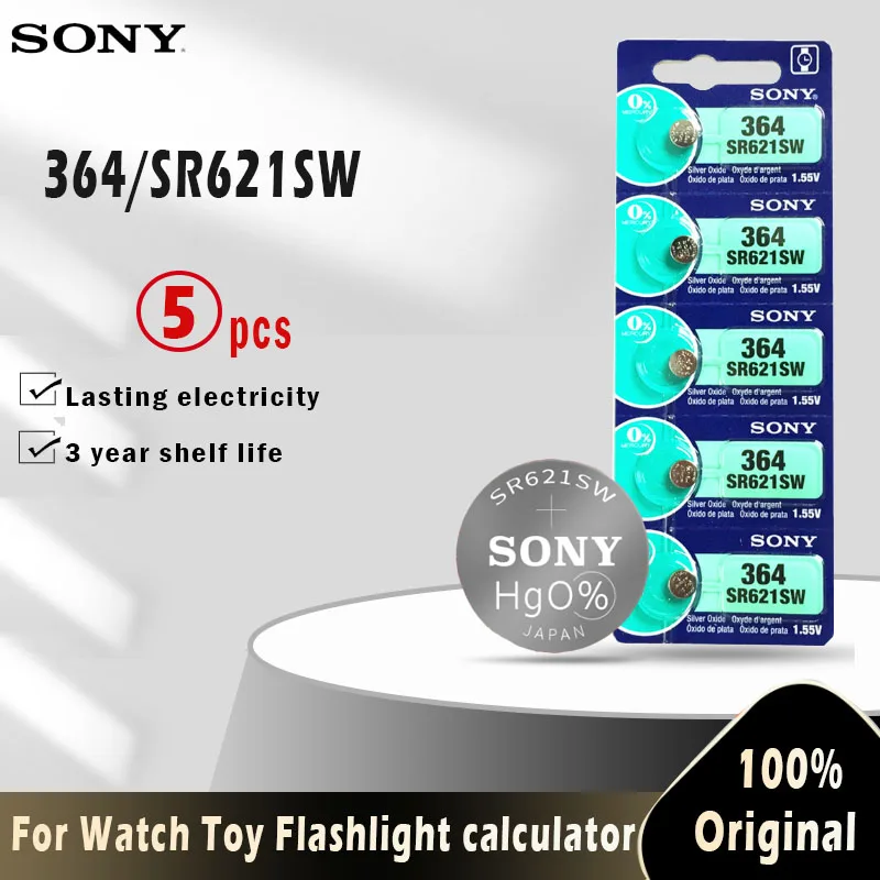 5 шт. оригинальные кнопочные батарейки Sony 364 SR621SW V364 SR60 SR621 AG1 LR621 164 531 1 55 в для часов