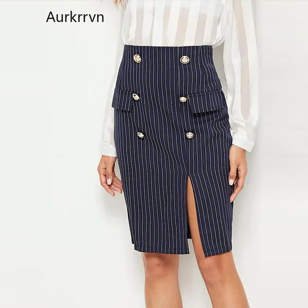 

Aurkrrvn Office Lady Split Skirts for Women Double Breasted Pocket OL Striped Skirt Female Formal Tailored Skirt Workwear