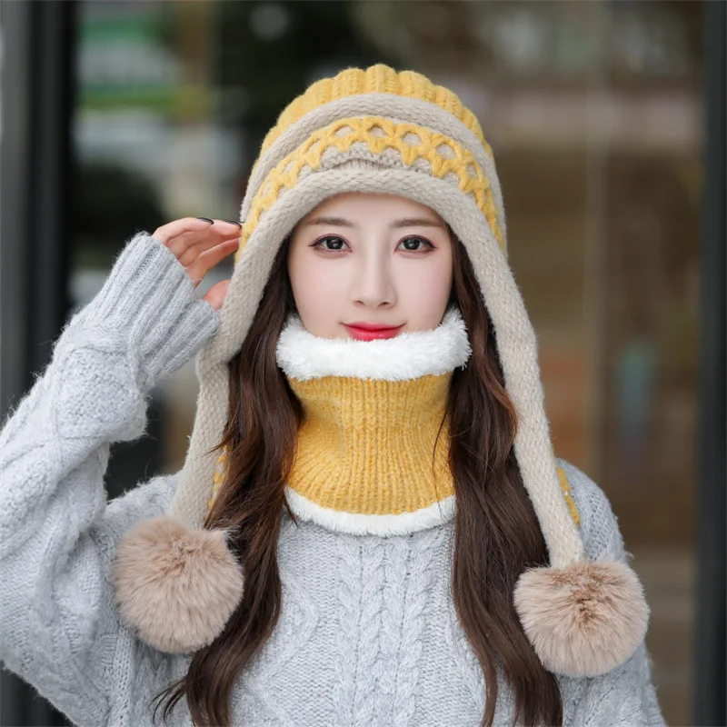 2021 Woolen Hat Women Winter Ear Protection Knitted Hat Bib Two-piece Plus Velvet Warm and Windproof Cycling Hat