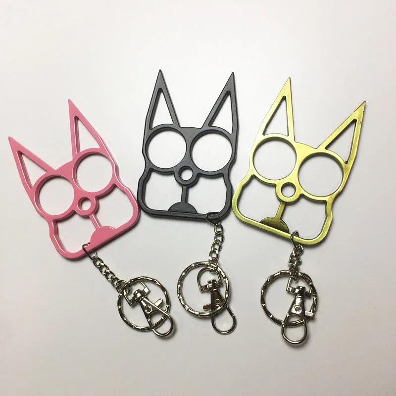 Bronze/ Black /Pink Color Two Finger Ring Outdoor Cat Shape Tool Key Rings Key Chains Safety Tools Women Self-Defense Weapon Hot