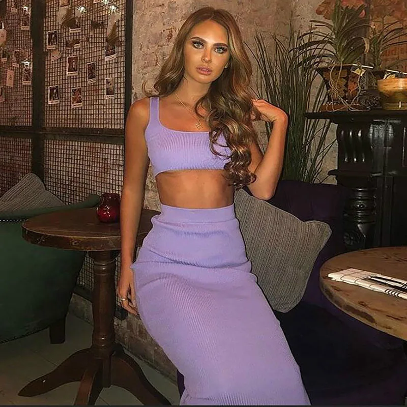 Neon Ribbed Knitted Women Two Piece 