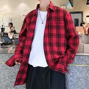 

BOXDAQ 2020 spring new men leisure shirt Korean plaid print men's shirt long sleeve wild plus size loose casual lapel male shirt