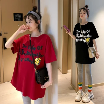 

8230# Cartoon Letter Printed Thin Cotton Maternity Tees Summer Large Size Loose T Shirt for Pregnant Women Pregnancy T-shirt Top