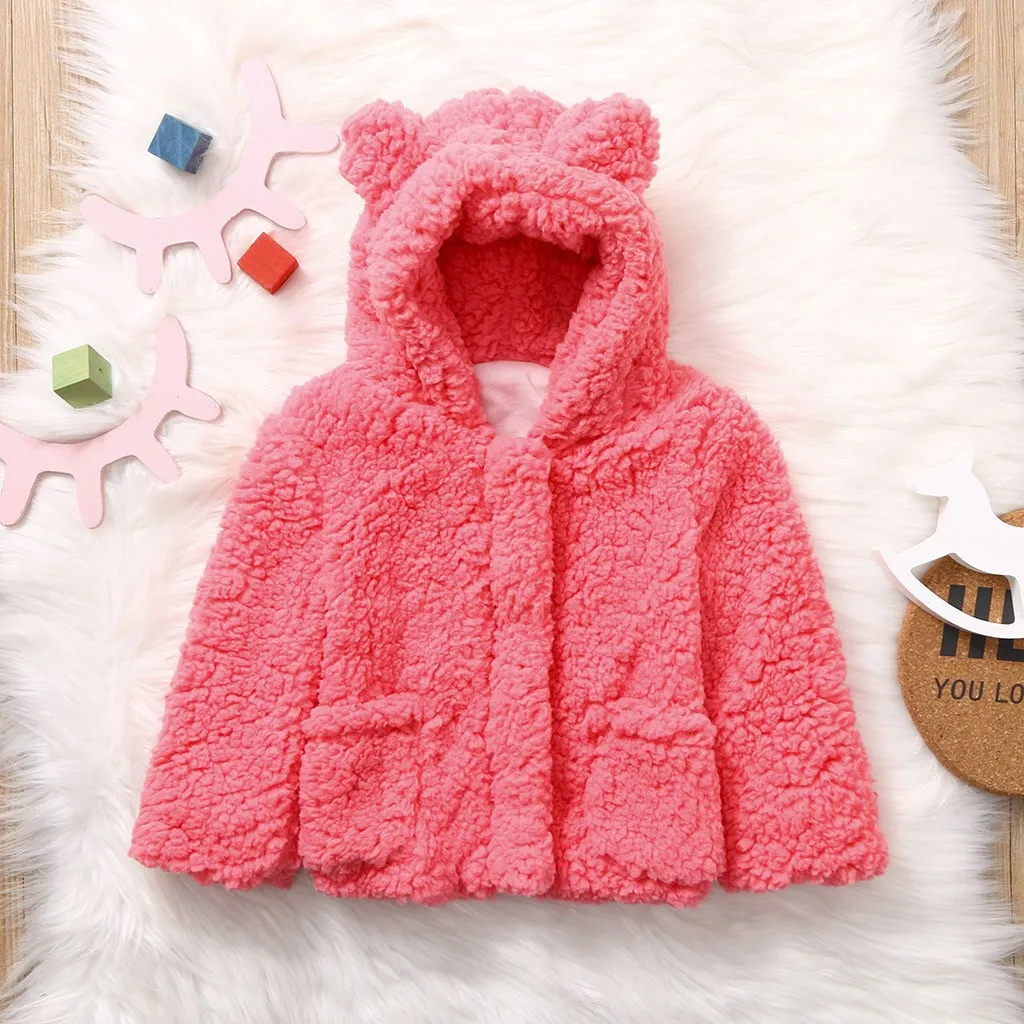 Детская куртка; зимняя теплая флисовая куртка с капюшоном и плюшевым мишкой; ветровка для маленьких девочек и мальчиков; детская куртка; Верхняя одежда для малышей; 19Sep