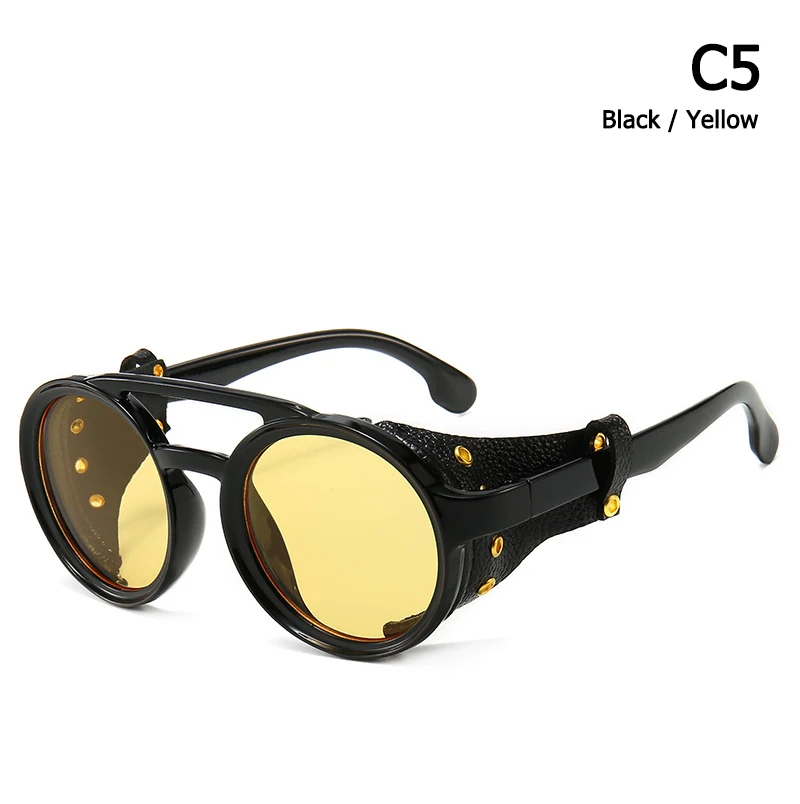JackJad Fashion Cool SteamPunk Punk Style Round Sunglasses Leather Side Shield Brand Design Sun Glasses Oculos De Sol 95517 - Цвет линз: C5