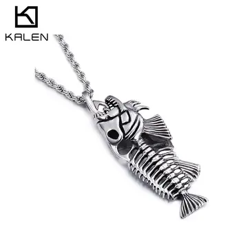 

KALEN Punk Fish Bone Pendant Necklace Men Stainless Steel High Polished Animal Shark Chain Choker Jewelry 2020