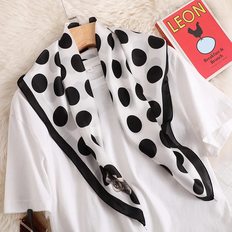 

Fashion Dot Print Kerchief Women Neck Scarves Small Shawls Silk Satin Head Scarf Female 70*70cm Headband Scarfs For Ladies Black