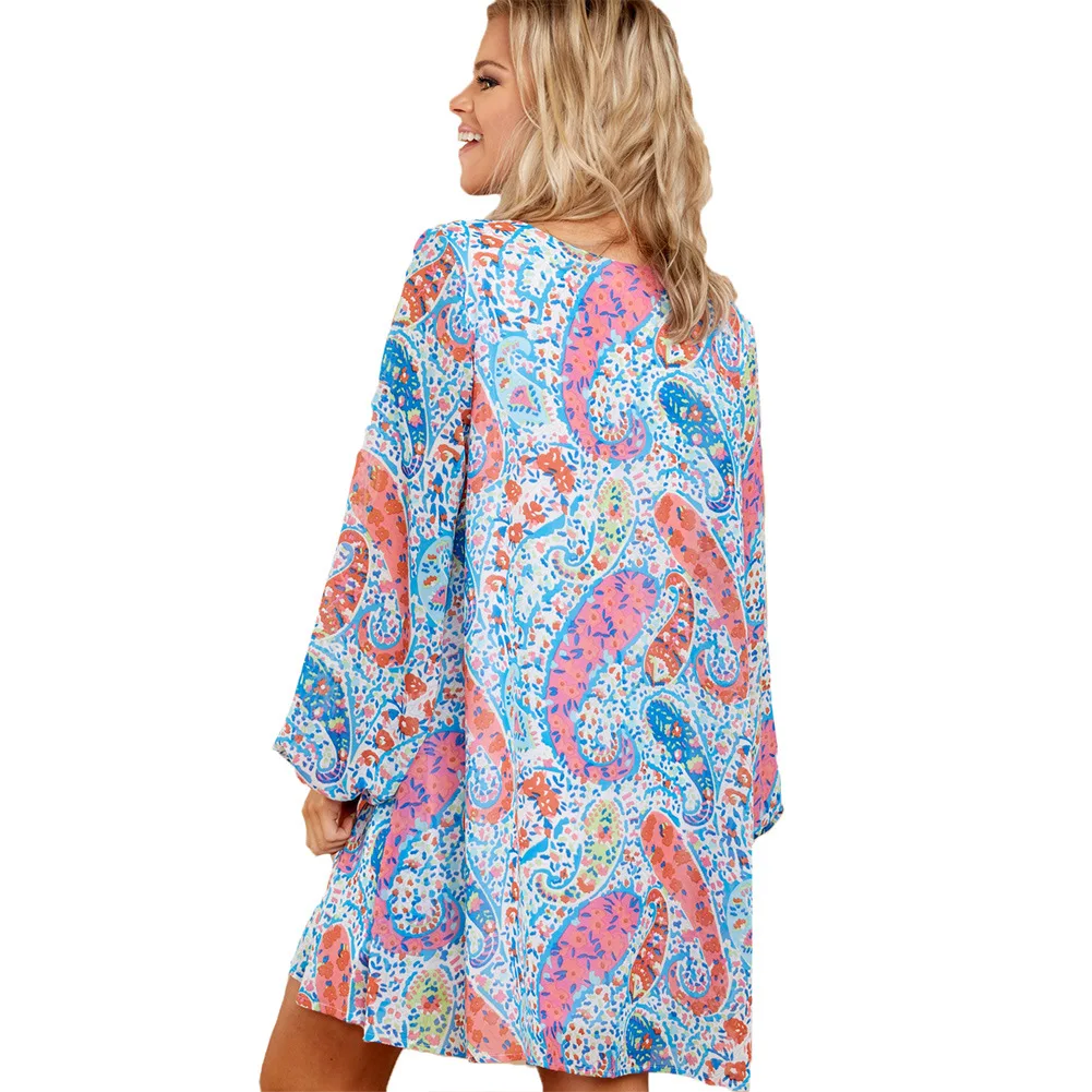 

Shi ying Europe And America WOMEN'S Dress Abstract Printed Chiffon V-neck Long Sleeve Style Plus-sized Dress 220406