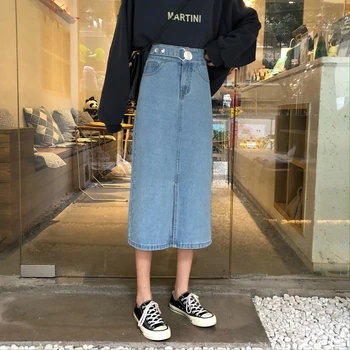 

Long Denim Skirts Women Button Pockets Jeans Skirts Summer Korean Vintage Midi Wrap Skirt Plus Size Casual Split Harajuku Y355
