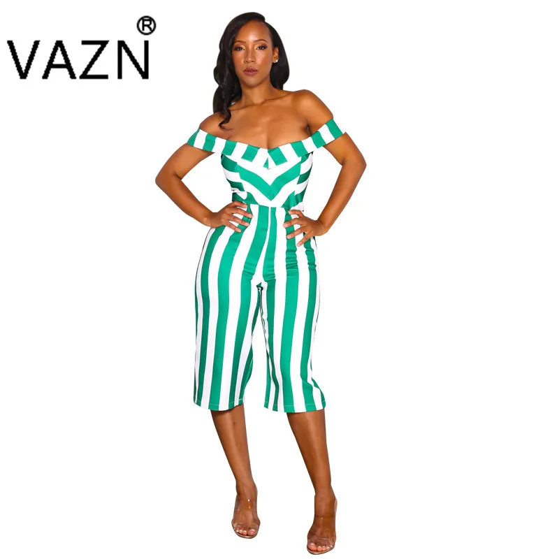 VAZN High Street Design новые тонкие высококачественные женские костюмы в полоску с вырезом лодочкой короткий рукав летний элегантный комбинезон C603 - Цвет: Многоцветный