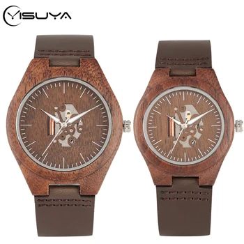 

YISUYA Lover's Walnut Wood Watches Retro Stripe Exposed Skeleton Hollow Dial Clock Leather Wrist Clock Retro Reloj Couple Gifts