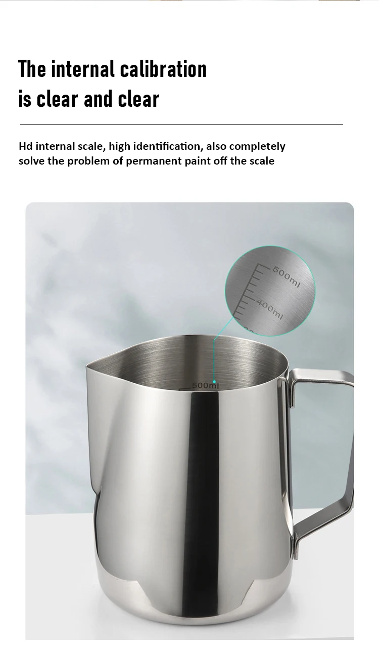 Pichet à lait en acier inoxydable 304 pour fouetter le café avec mesure - Chine Pichet à lait en acier inoxydable 304 pour fouetter le café avec mesure - Chine