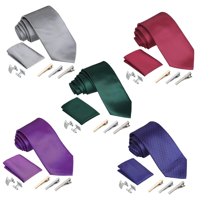 

Mens Plaid Striped Necktie Tie Clip Pocket Square Handkerchief Cufflinks Set with Gift Box for Business Wedding Party