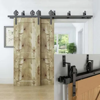 

Black Bypass Sliding Barn Door Hardware Double Track Big Wheel Hanger Kit 6mm