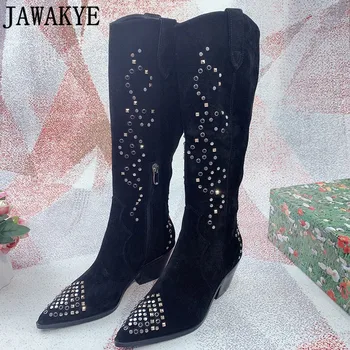 

Studed Knee High knight boots pointed toe suede leather black long boots winter designer fashion women's high quality shoes