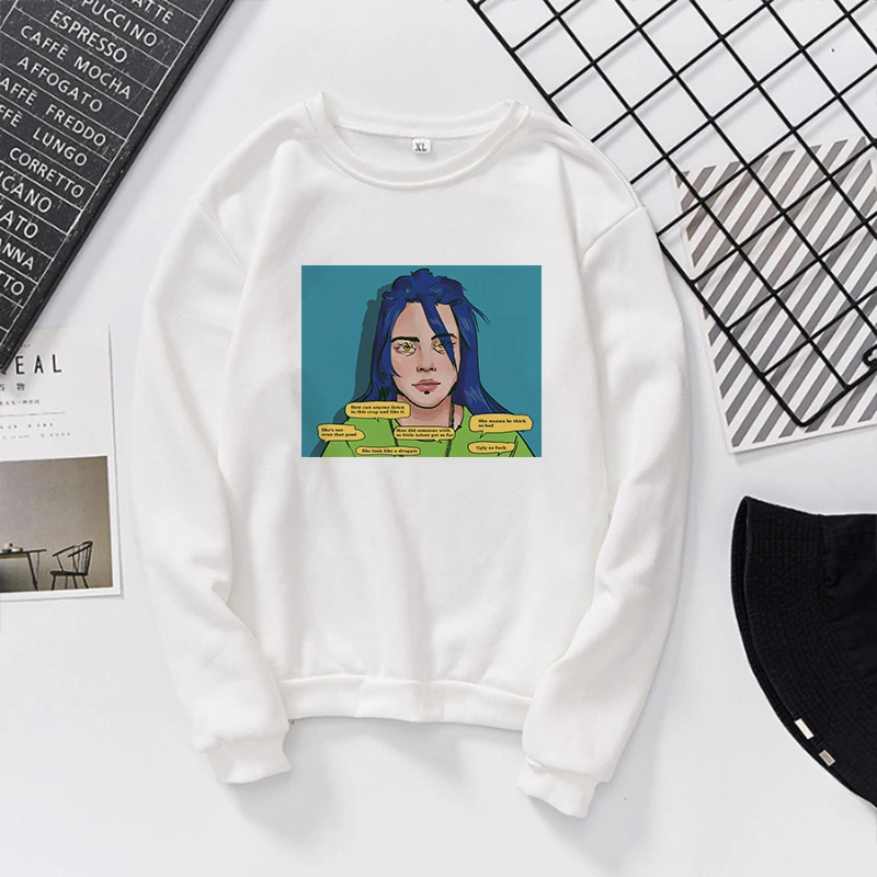 Billie Eilish толстовка с принтом kawaii Толстовка Полерон женская одежда Harajuku Повседневное Лидер продаж ТАТА толстовки KPOP кофты - Цвет: White