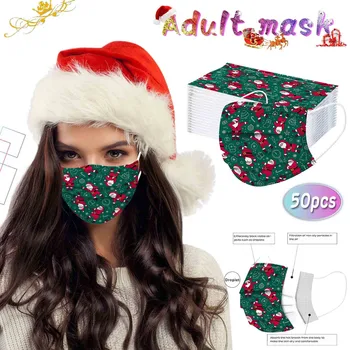 

50pcs Face Mask Adult Christmas Print Disposable Masks Non Wove 3-layer Filter Mouth Cover Mask Earloop Protective Mascarillas