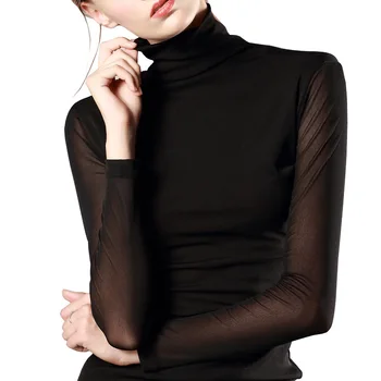 

Women Autumn High Fashion Turtleneck Sexy Perspective Mesh Patchwork Under T Shirt Tops Female Winter Thick Warm Fleece Shirts