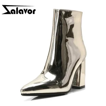 

ZALAVOR Women High Heels Boots Fashion Solid Color Keep Fur Warm Zipper Leather Boots Winter Shoes Women Footwear Size 32-42