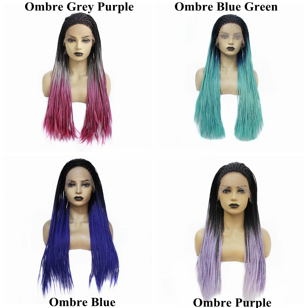 Ombre Purple Micro Braided Wig with Baby Hair Heat Resistant Fiber Hair Synthetic Lace Front Wigs for Women Natural Hairline