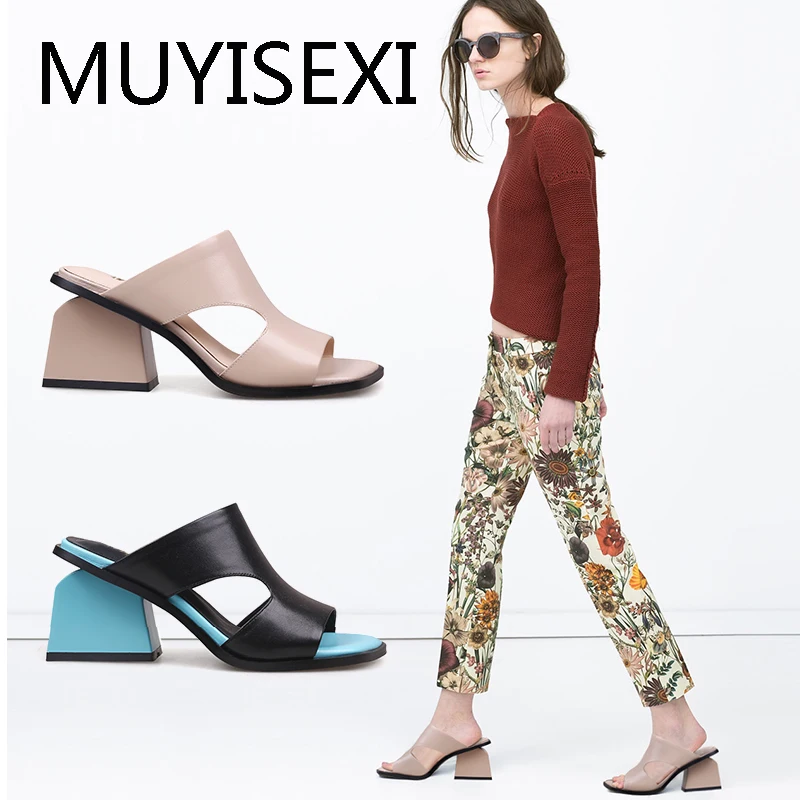 

Slippers Women Genuine Leather Peep Toe Blue Square High Heels Casual Slippers Women Summer Shoes apricot black HL89 MUYISEXI