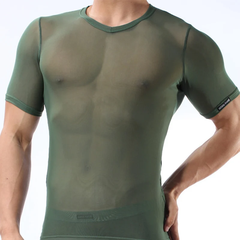Man Undershirt Ultra-thin Transparent Shorts Sleeve T-shirts Ice Silk Gay Breathable Tops Tee Male Nightwear Sexy Sleepwear