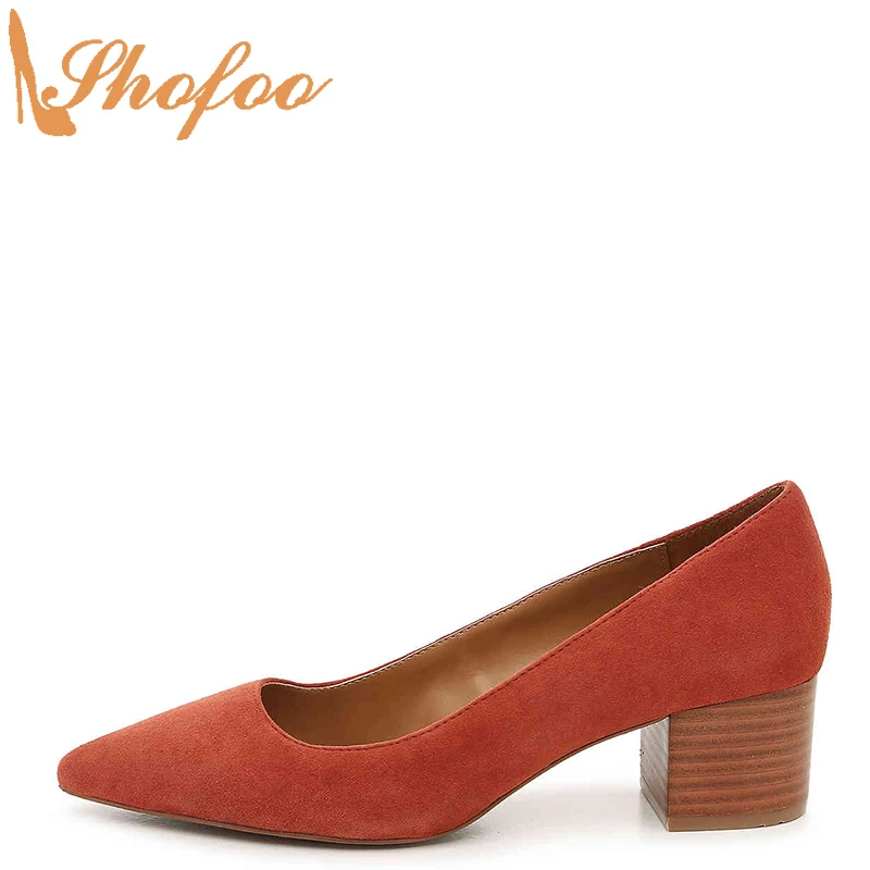

Red Women Pumps High Chunky Heels Suede Pointed Toe Ladies Summer Fashion Office Mature Shoes Slip On Large Size 15 16 Shofoo