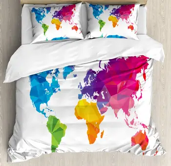 

Map Duvet Cover Set Low Poly Style Illustration of World Map Mosaic with Graded Rainbow Colors Decorative 3 Piece Bedding