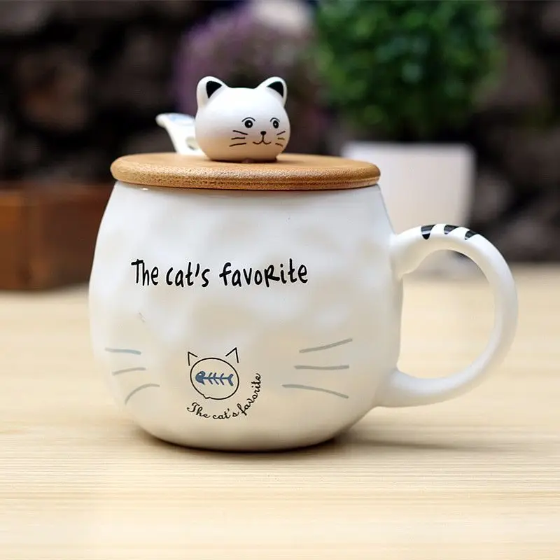 

Lovely Student Children Cartoon ceramics cup Cute Girls Cat Bottle Portable Milk Cups Coffee Mugs with Wood cover and spoon set