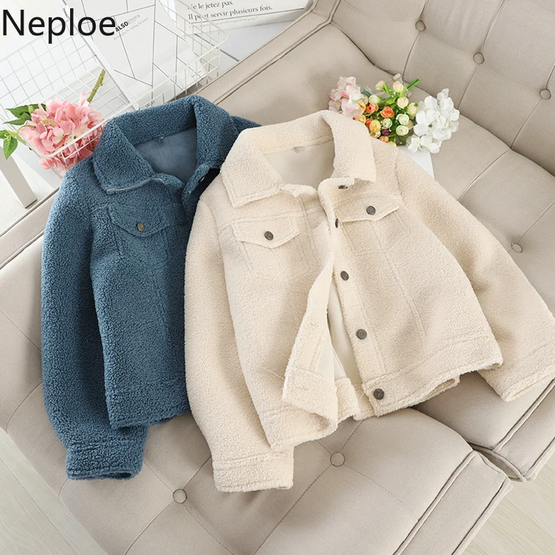 Neploe/короткая шерстяная куртка с отложным воротником для женщин, однотонное разноцветное пальто с длинными рукавами, Свободная Повседневная зимняя одежда 46956