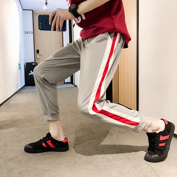 

Autumn Men's Trend Stripe Printing Pants Leisure Sports Pants Bound Feet Trousers Active Elastic Hip Hop Joggers Sweatpants
