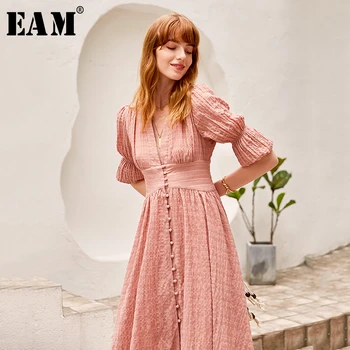 

[EAM] 2020 New Spring Summer V-collar Lantern Sleeve Pleated Split Joint Three-dimensional Temperament Dress Women Fashion JS706