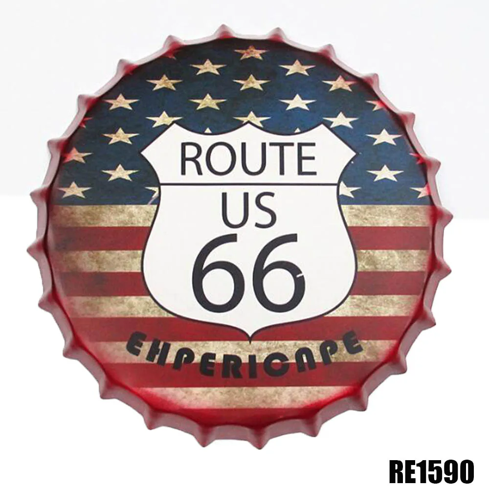 RE1590 Route 66 винтажная крышка пивной бутылки Ретро табличка Настенный декор металлические жестяные знаки плакат комната бар украшение стены 35 см круглый металлический плакат - Цвет: RE1590