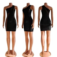 Sexy Sequined Mesh Patchwork Sheer Mini Dress WoOne Shoulder Skinny Bodycon See Through Night Clubwear Dress