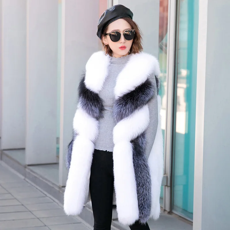 

2019 New Loose Faux Fur Sleeveless Color Matching Coat Woman Clothes Fox Long Fund Overcoat Manteau Femme Hiver Jacket Women