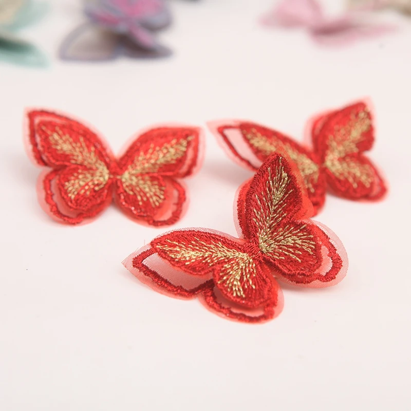 10pcs Double Layers Organdy Butterfly Patch Embroidery Cloth Stickers Bride Veil Accessories Sew On Patch For Clothes