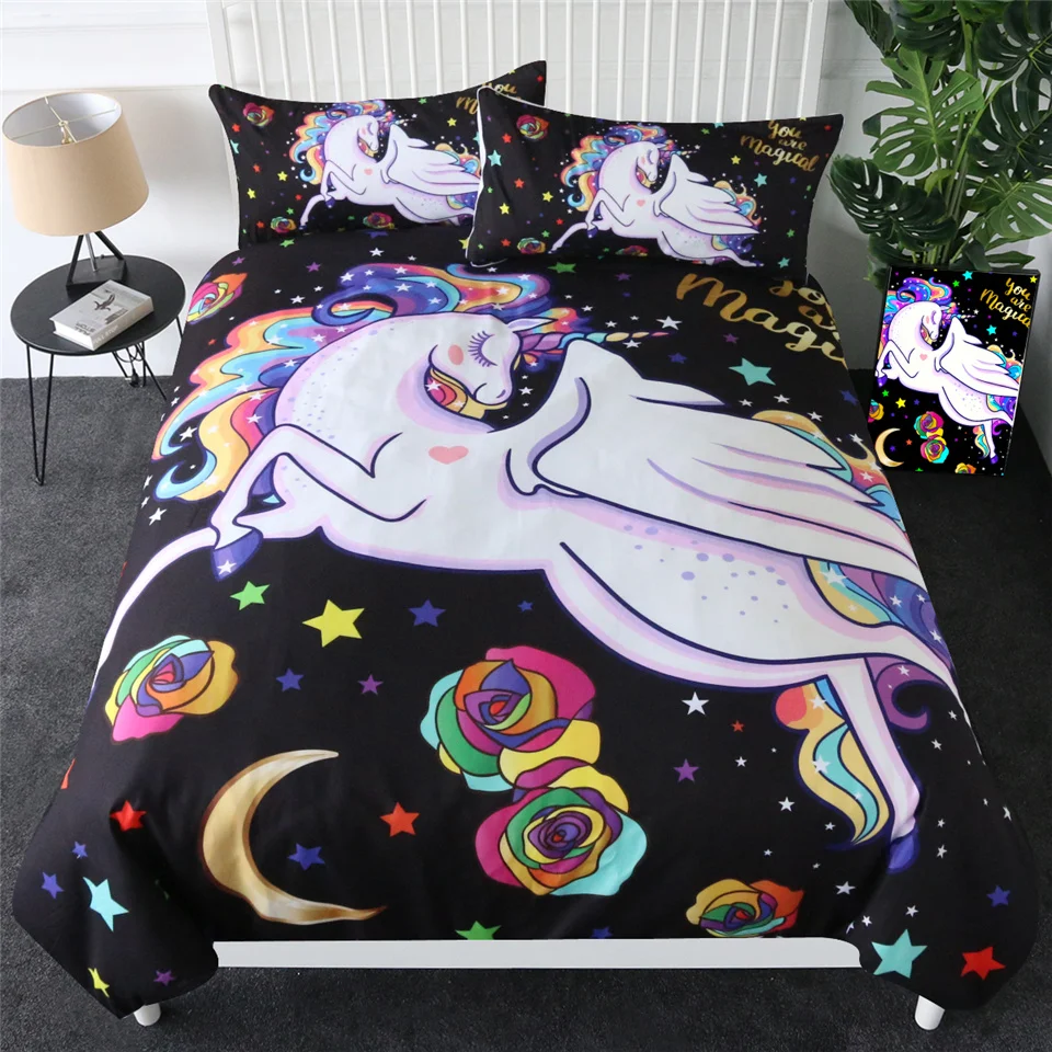 Unicorn 13 Постельные принадлежности, Детский Комплект постельного белья с изображением единорога из мультфильма, пододеяльник с цветочным рисунком, набор постельного белья из 3 предметов, домашний текстиль для девочек, фиолетовое постельное белье, Прямая поставка - Цвет: Unicorn 13