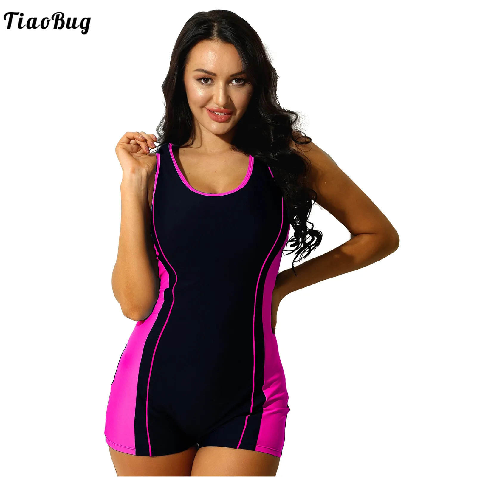 TiaoBug Summer Women Sport Style Scoop Neck Boyshort One Piece Swimsuit