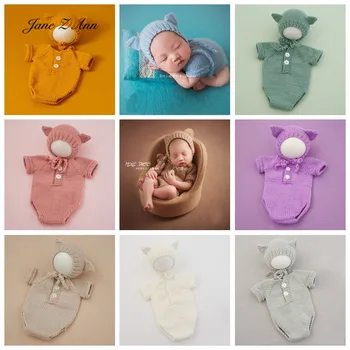 

Jane Z Ann Newborn Photography Clothing Baby 100 days 3-6 month Cat Style handmade knitted Hat +bodysuit studio shooting outfits