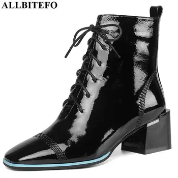 

ALLBITEFO real genuine leather leisure Autumn Winter Frenulum ankle boots Square toe women boots comfortable fashion girls boots
