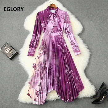 

2020 Spring Fashion Dress High Quality Women Bow Collar Cute Animal Print Long Sleeve Mid-Calf Length Pleated Dress Purple Color