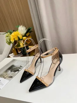

Summer 2020 explosion model patent leather surface rivets thin belt high-heeled sandals ladies sandals high heels 8cm