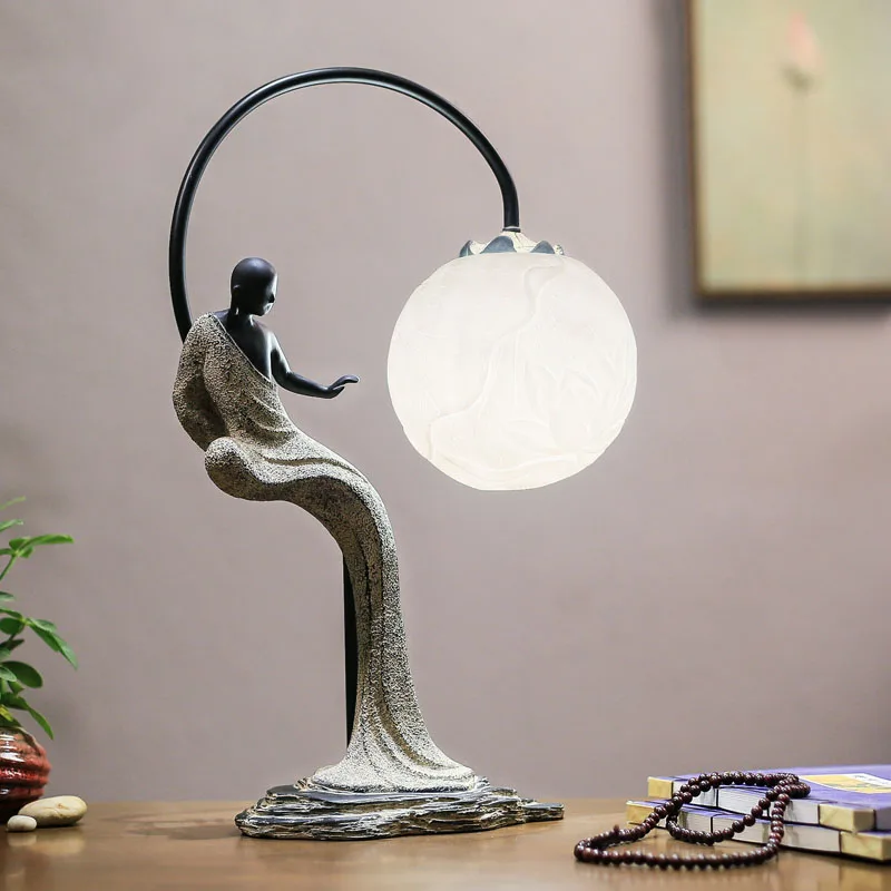 

Buddha Statue Touching Lotus Resin Lampshade Table Lamps Lights Desk Bedside Standard Lighting Living Room Lamparas De Mesa