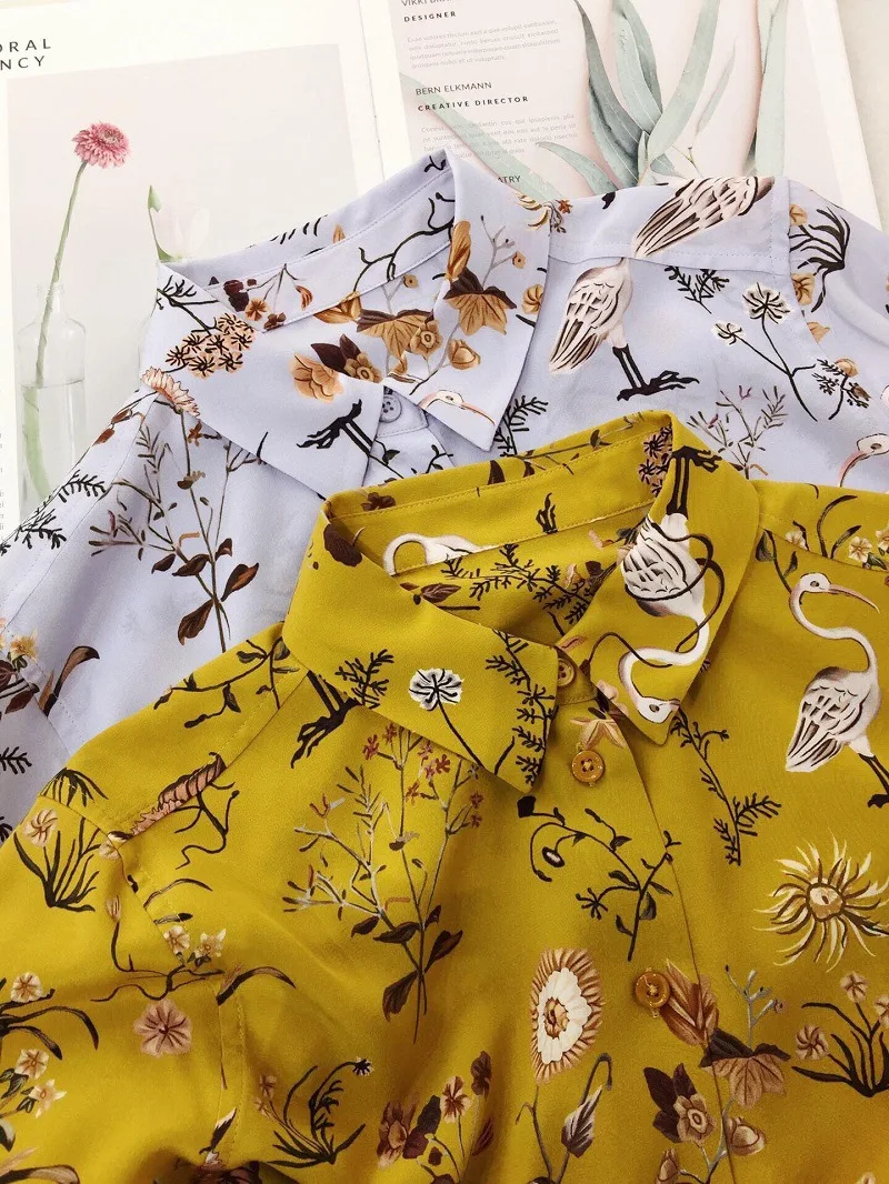 

Floral Print Silk Blouse For Women Daisy Print Long Sleeve Casual Loose Blouse Top