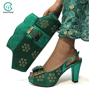 

Italian design Shoes and Bag Set Decoraed with Rhinestone Green Color Matching Shoes and Bags for Wedding African Women Shoes